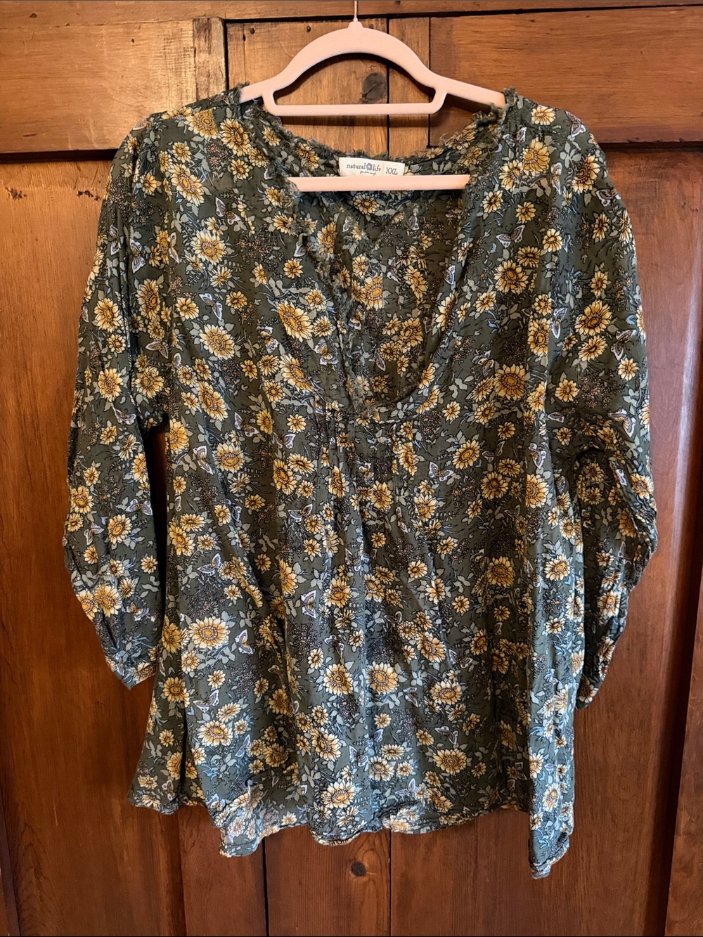 NATURAL LIFE Olive Floral V-Neck Tunic with Yellow Flowers